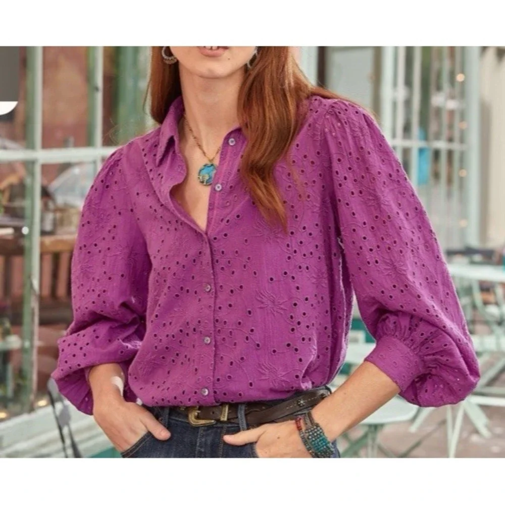 Sundance Purple Eyelet Floral Embroidery Puff Sleeve Button Down Shirt Camisole - Picture 2 of 15